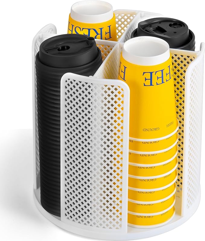 4-Compartment Rotating Paper Cup Holder & Coffee Cup Lid Storage Dispenser, Plastic Cup Dispenser Removable, Space-Saving Cou