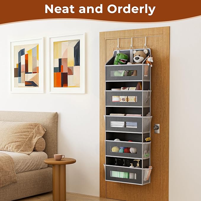 5 Tier Over The Door Organizer - Large Capacity Behind Door Hanging Shelves with 10 Mesh Pockets and Clear Windows, Closet Or