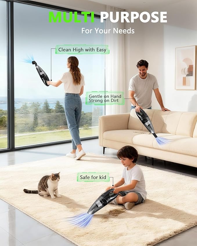 Handheld Vacuum Cordless, Rechargeable Car Vacuum Cleaner with Multiple Attachments, Portable Hand Held Vacuum Suction Power,