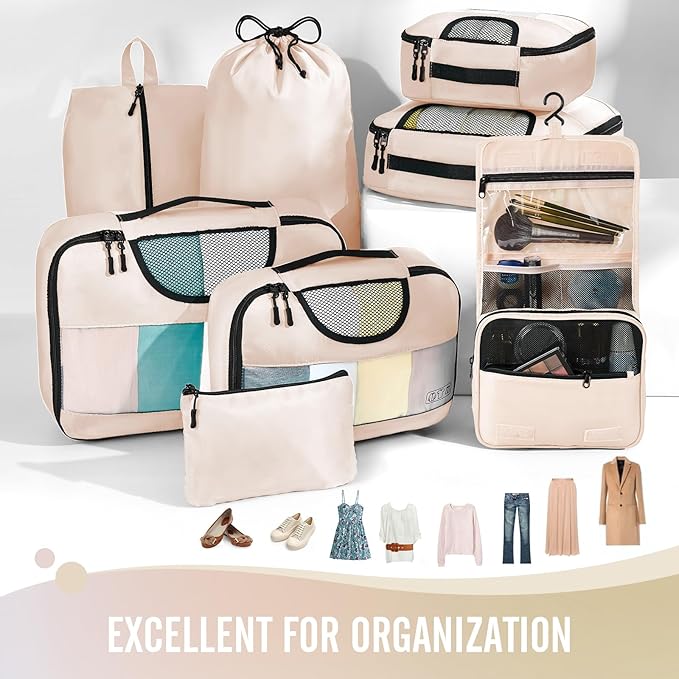 8 Set Packing Cubes for Luggage,Suitcase Organizer in 4 Sizes with Hanging Toiletry Bag and Large Laundry Bag, Carry-On Lugga