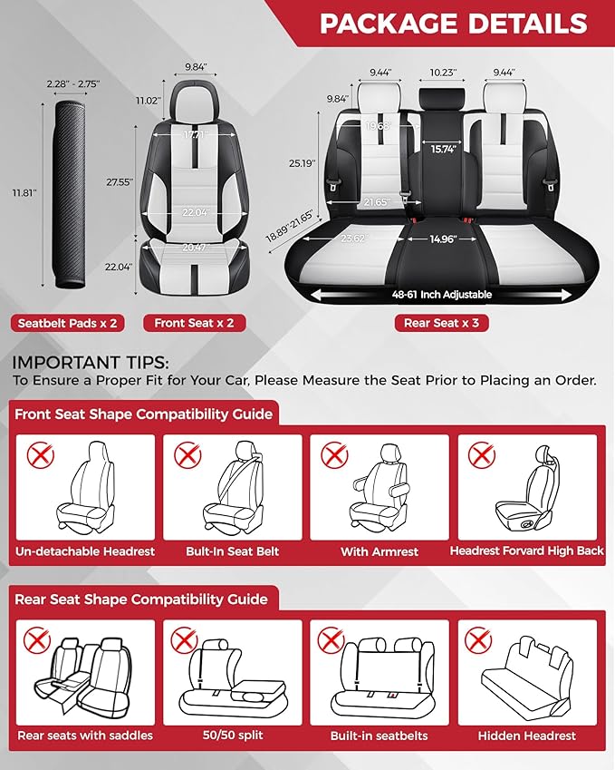 FREESOO Black White Car Seat Covers Full Set - Faux Nappa Leather Seat Covers for Cars, with Front Seatbelt Pads, Cute Breath
