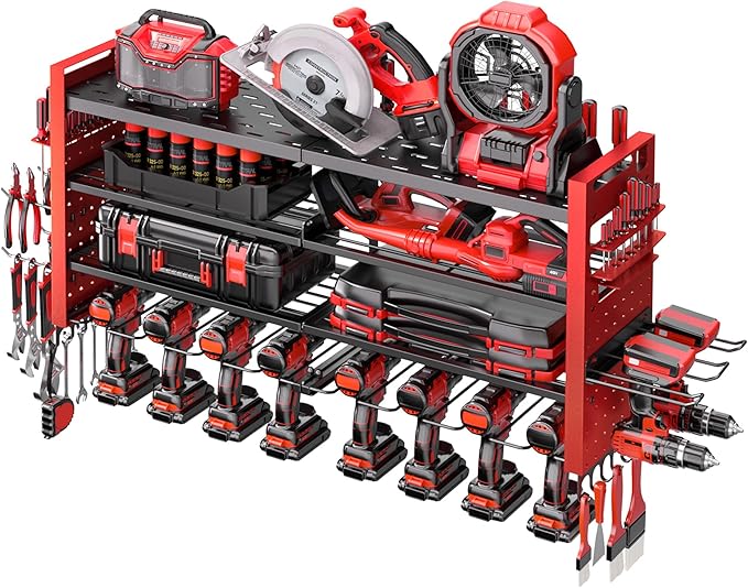 Heavy Duty Power Tool Organizer Wall Mount,Garage Organization with 10 Drill Holder, 4 Layers Tool Organizers and Storage for