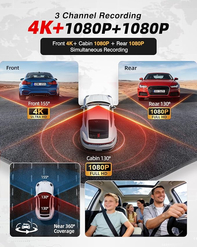 4K 3 Channel Dash Cam Front and Rear, Dash Camera for Cars, STARVIS 2 Sensor Dash Camera with HDR Night Vision, 24H Parking M