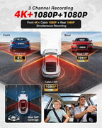 4K 3 Channel Dash Cam Front and Rear, Dash Camera for Cars, STARVIS 2 Sensor Dash Camera with HDR Night Vision, 24H Parking M
