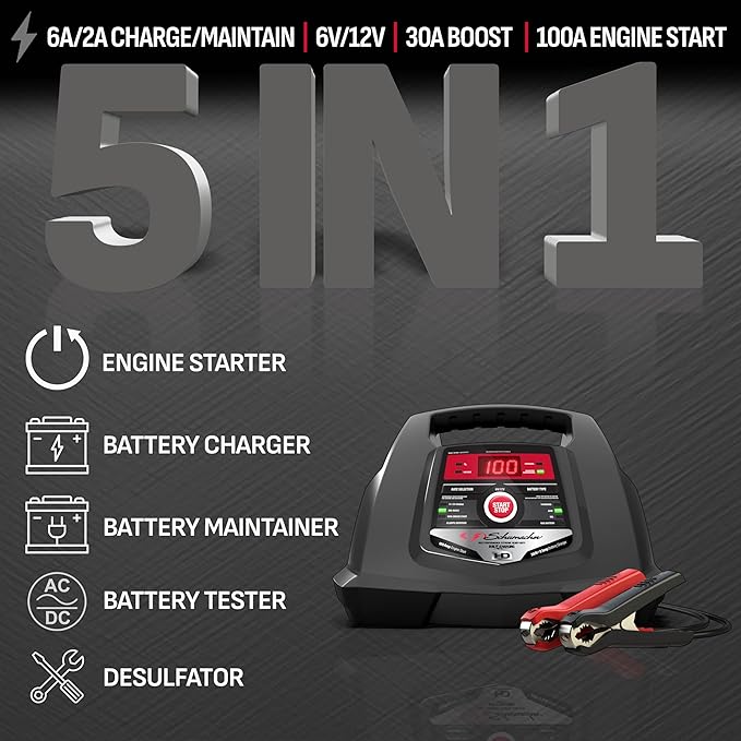 Schumacher Electric 6A Car Battery Charger and 100A Engine Starter, 5-in-1 Solution, Maintainer, 30A Boost, for 6V/12V Power