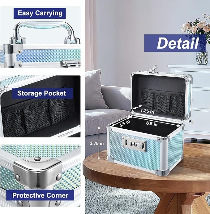 Adazzo Lockable Medicine Storage Box - Shiny Turquoise Cabinet Med Lock Organizer, 7 * 5.25 * 5.75 Inches Safe Case with Comb