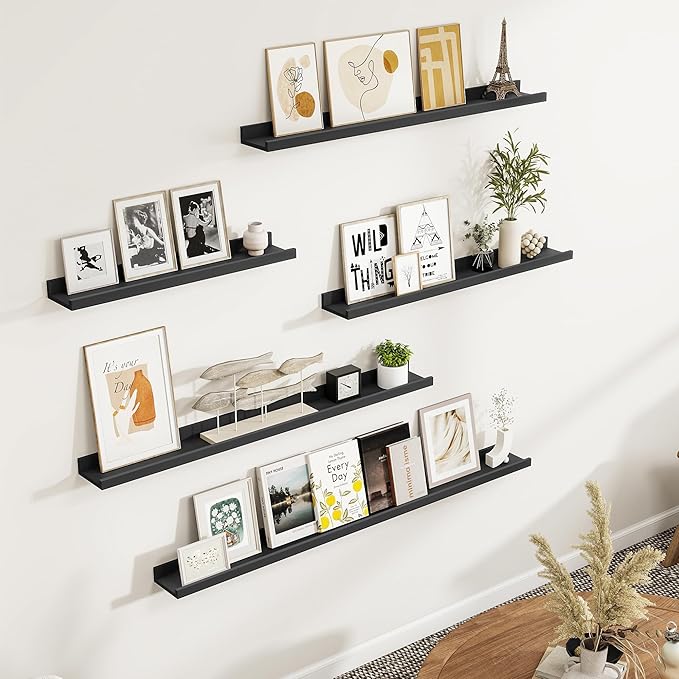 Fun Memories Picture Ledge Shelf, Black Floating Shelves Set of 4, 24 Inch Picture Shelves for Wall with Ledge, Large Nursery