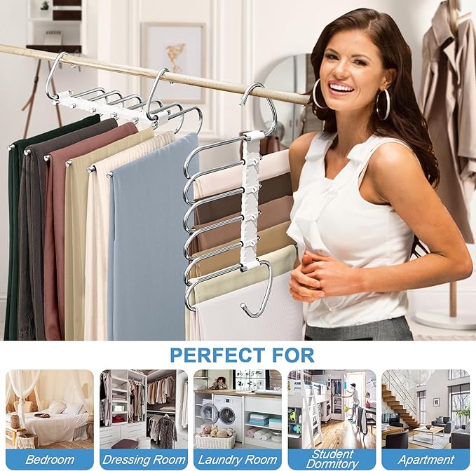 Upgrade 6 Layers Pants Hangers Space Saving, 2 Pack Non Slip Stainless Steel Multifunctional Pants Rack S-Type Pant Closet Ha