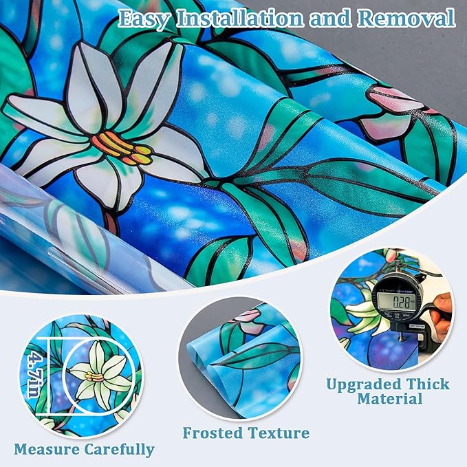 Coavas Decorative Window Privacy Film, Heat Control Sun Blocking Stained Glass Window Film, Floral Design Static Cling, Non Adhesive Windows Tint for Bathroom Front Door(Vinyl, 47.2" x 157.4 ")