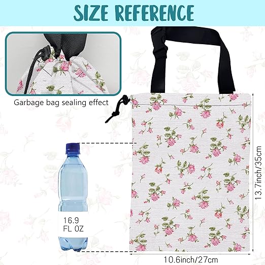 Car Garbage Bag Small Pink Rose Floral Drawstring Car Trash Bag Hanging for Back Seat with Adjustable Buckle Canvas Vehicle Trash Can Easy-to-Install