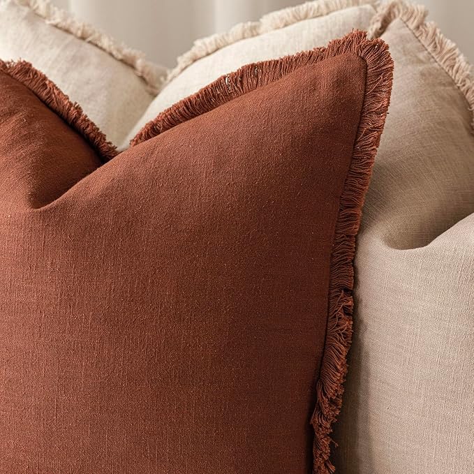 Foindtower Set of 2 Decorative Linen Fringe Throw Pillow Covers Farmhouse Cushion Cover with Tassels Soft Accent Pillowcase f