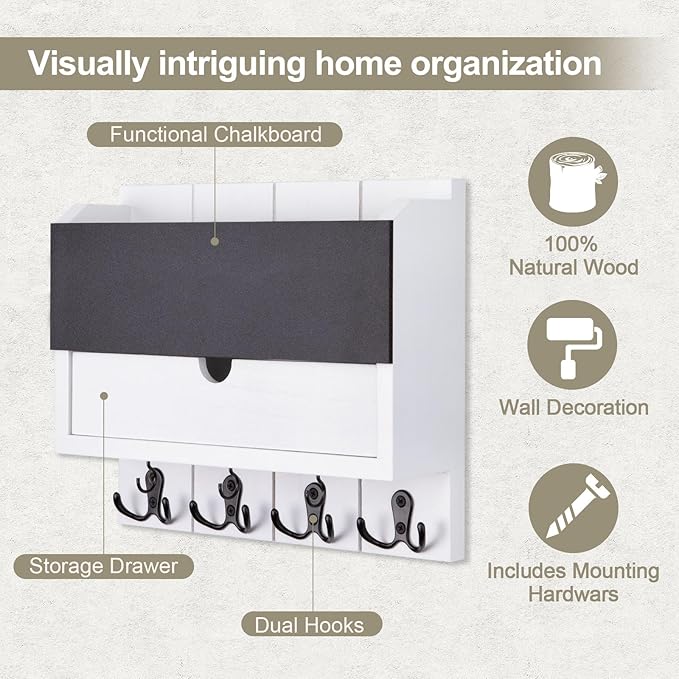 Mail and Key Holder Wall Mount with Storage Drawer – Modern Wooden Mail Organizer for Wall Entryway, 7 Key Hooks & Chalkboard