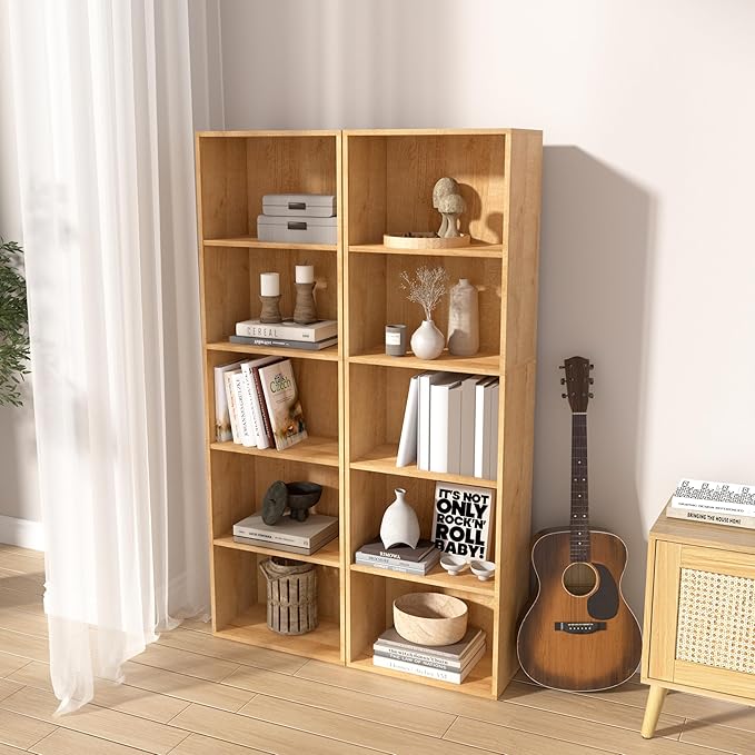 Wooden 5 Cube Storage Organizer, Oak 5 Tier Bookcase Bookshelf Freestanding Storage Display Organizer, Versatile Cubes Open S