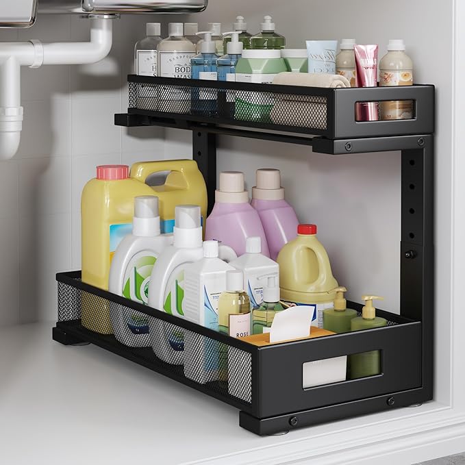 1 Pack 17IN Depth Under Sink Storage Organizer, Large 2-Tier Elegant Mesh Pull Out Shelf for Kitchen and Bathroom Cabinet Org