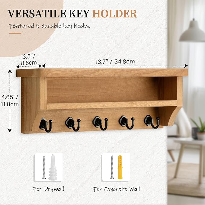 Nekon Key Holder Wall Mount, Wall Organizer Shelf with 5 Key Hooks, Room Decor for Home and Apartment Essentials, Wood