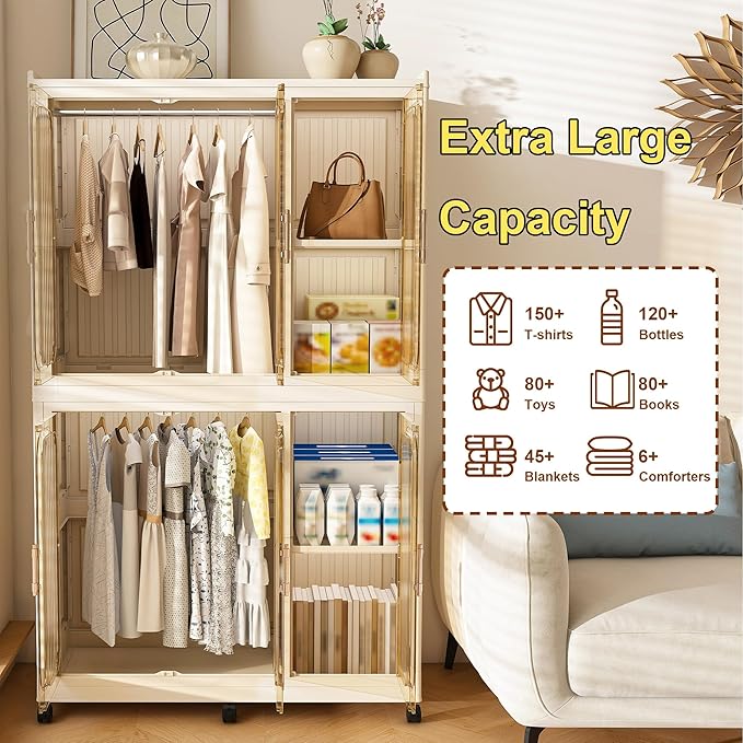 Portable Wardrobe Closet Storage Organizer, Foldable Armoire Wardrobe Closet with 2 Hanging Rods, 6 Magnetic Doors-6 Cubes an