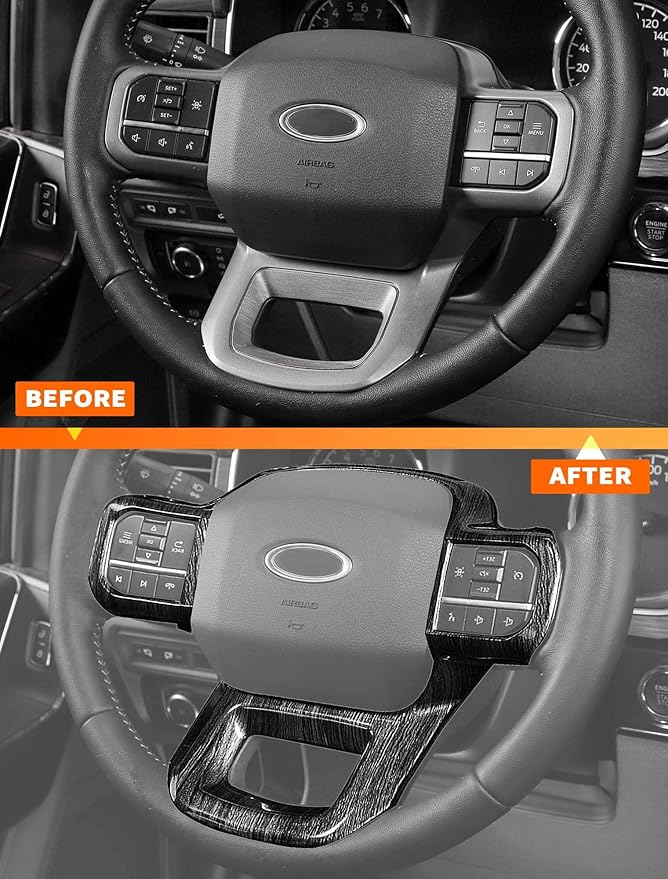 Savadicar Black Wood Grain Interior Accessories - Steering Wheel Trim Cover for Ford F150 (2021-present) - Premium Texture Interior Decor Upgrade Option, 1 PC