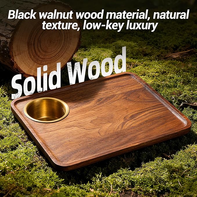 Car Cup Holder Tray Desk, 360° Rotating Black Walnut Solid Wood Food Car Table - Steering Wheel Tray Road Trip Essentials Accessories for Tesla Model Y/3/S, Ford F150 Most Vehicles
