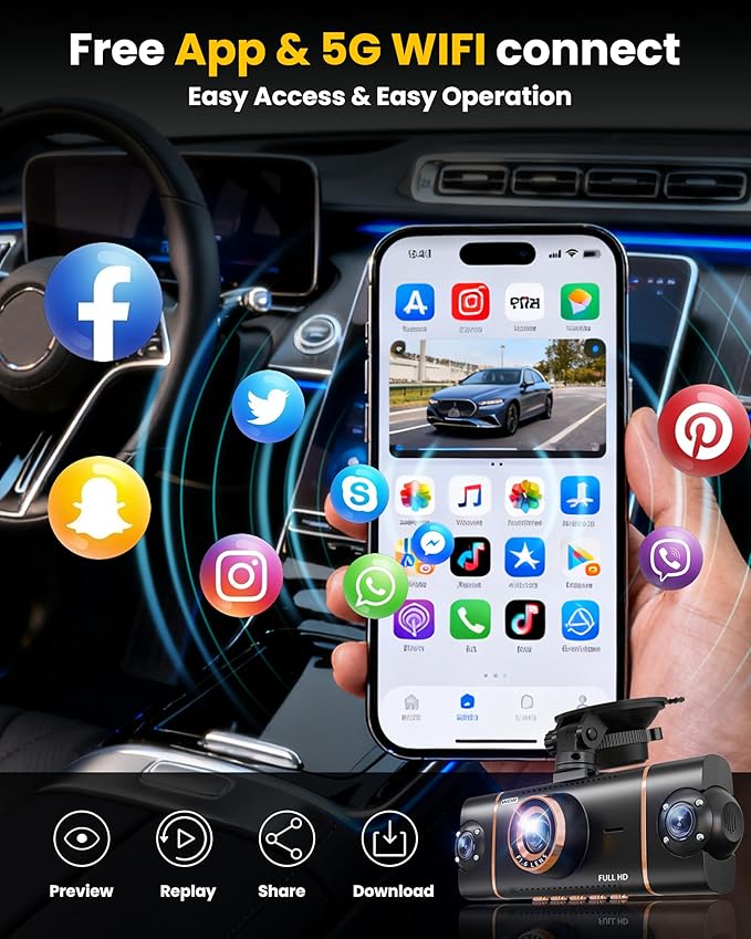 4 Channel 360° Dash Cam Front Rear Inside & Left Right,4K+1080P*3 FHD Car Camera,5GHz WiFi & App Control,8 IR Lamps Night Vis