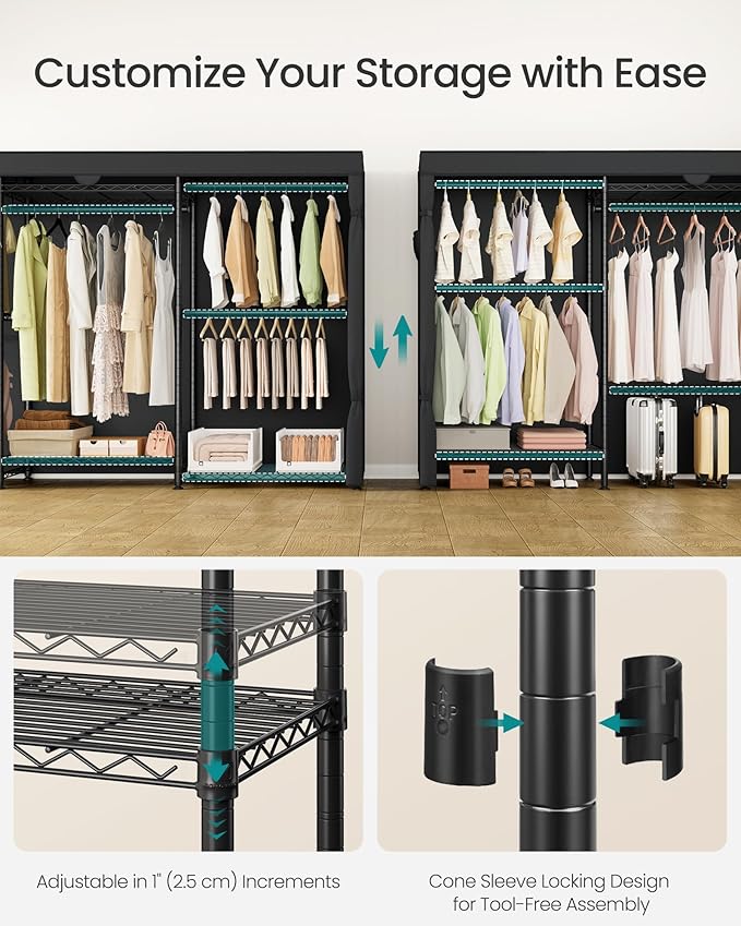 SONGMICS Heavy-Duty Rolling Clothes Rack, Garment Rack, Portable Closet on Wheels, with Adjustable Mesh Shelves and Hanging R