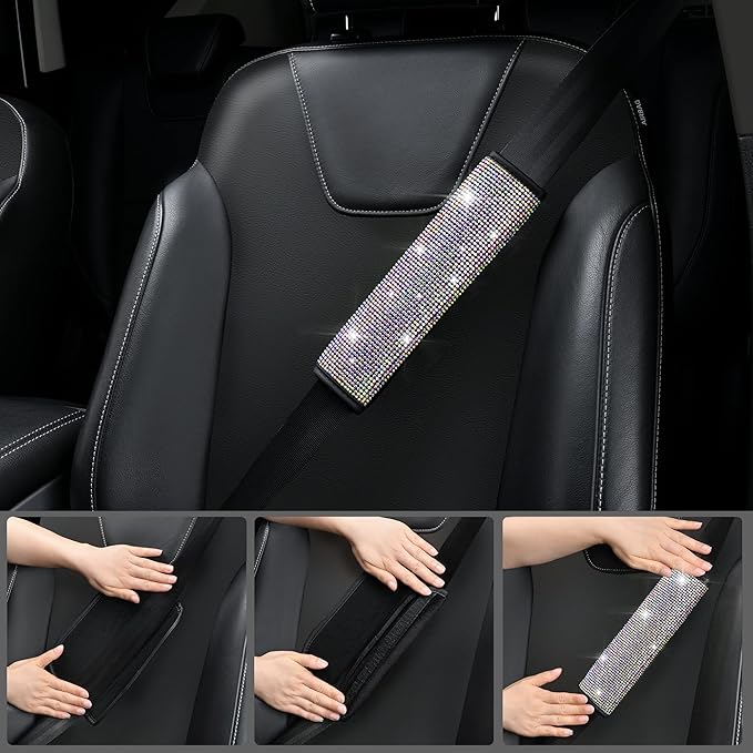 CAR PASS 23 PCS Bling Diamond Car Accessories Set for Women, Leather Car Seat Covers Full Set Sparkly Rhinestone15'' Steering Wheel Covers Shining Diamond Floor Mats Car Interior Sets, Multicolor