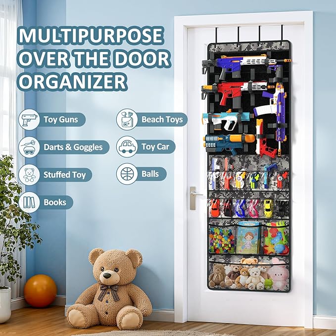Over The Door Organizer for Toy Guns, Toys Organizer with Pockets, Hook&Loop Straps for Foam Blasters, Darts, Goggles, Hangin