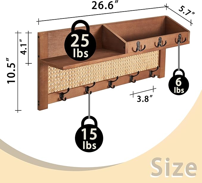 Coat Rack Wall Mount with Hooks & Shelf - Wooden Entryway Organizer for Hanging Coats, Keys, Hangers - Space Saving Durable W