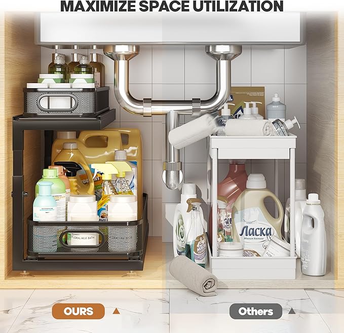 2-Pack 21.3 IN Depth Under Sink Organizer With Next-Gen Ball-Bearing Slides,Sophisticated Mesh 2-Tier Pull Out Shelf for Kitc