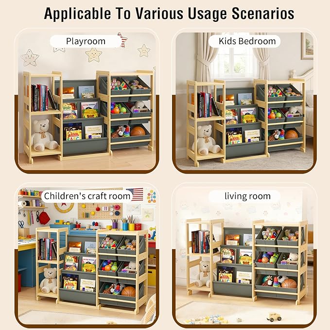Kids Bookshelf and Toy Storage Organizer with 3-Tier Book Display and Shelves, Kids Toy Organizers and Storage with Bins, Boo
