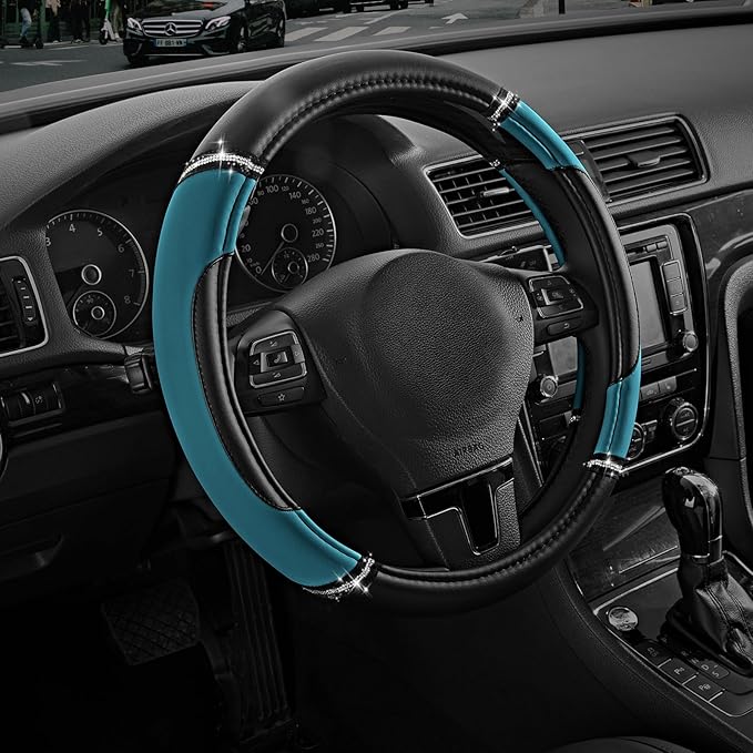 Road Comforts Leather Steering Wheel Cover - Made with PVC Leather - Anti-Slip, Universal Fit 14 1/2 inches to 15 inches - Da