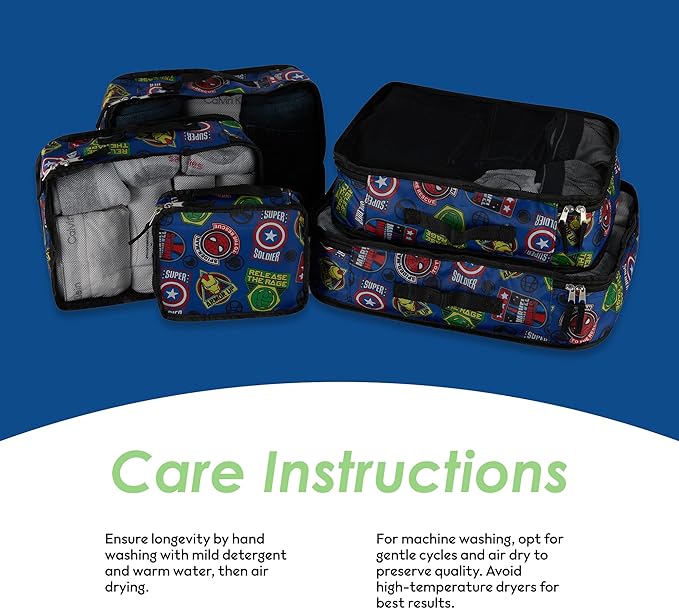 Marvel Comics 5-Piece Packing Cube Set - Spiderman, Ironman, Captain America - 5 Piece Packing Cubes Compression Travel Essen