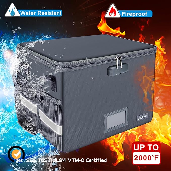 ENGPOW File Box with Lock, Fireproof Document Box with Pockets, Collapsible File Organizer Filing Storage Cabinet with Handle