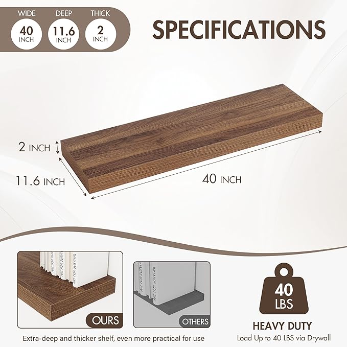 40 Inch Floating Shelves, 12" Deep Floating Shelf Wall Mounted, 40" Wall Shelves, Rustic Deep Bookshelf, Extra Deeper & Thick