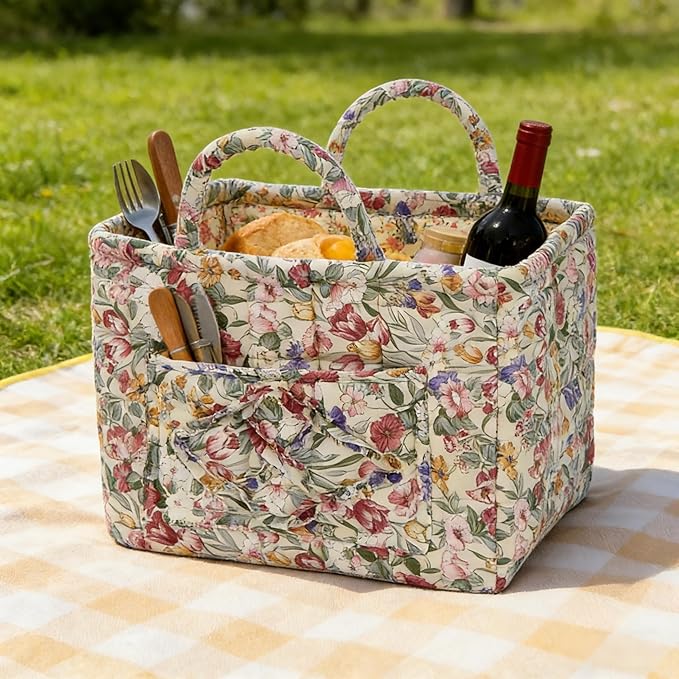 Quilted Laundry Basket with Handles - Multi-Purpose Fabric Storage Basket，Boho Fabric Storage Baskets with Handles for Car, H