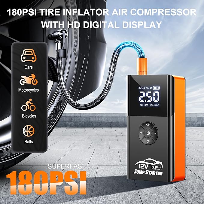 Jump Starter with Air Compressor, 8000A 180PSI, Portable Car Battery Jump Starter (All Gas/12L Diesel) 12V Automobile Jump