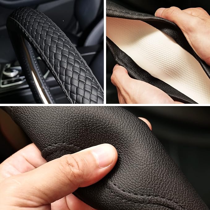 Moyishi Top Leather Steering Wheel Cover Universal Fit Soft Breathable Steering Wheel Wrap (Black)