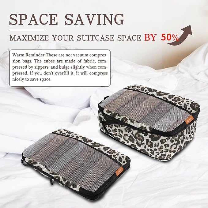 U+U 10 Set Compression Packing Cubes - Ultralight Leopard Travel Organizers with Laundry Bag, Space-Saving Suitcase Organizer