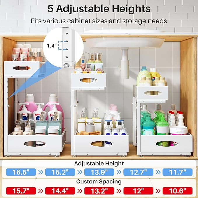 Under Sink Organizer, 2 Pack 2 Tier Pull Out Under Cabinet Organizer Shelf with Pad for Framed Cabinets, Metal Slide Out Unde