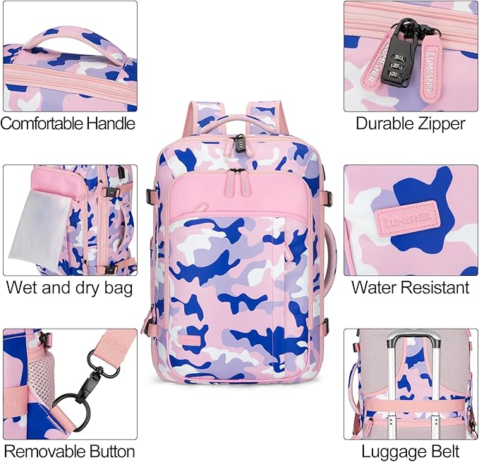 Lumesner Carry on Travel Backpacks, Extra Large 40L Flight Approved for Men & Women,Expandable Suitcase backpack (Camouflage 