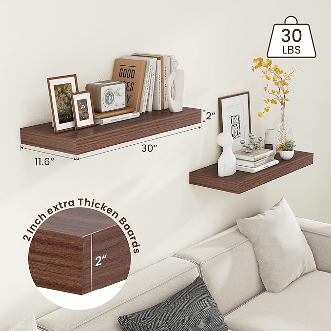30 Inch Floating Shelves | 12 Inch Deep Walnut Floating Shelves Set of 2 | 30" W x 12" D Rustic Wood Shelves for Wall | Deep 