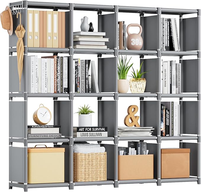 Mavivegue Book Shelf, 16 Cube Storage Organizer, DIY Bookcase, Metal Cube Bookshelf,Tall Book case for Bedroom, Living Room,O