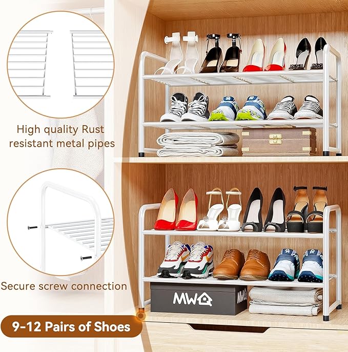 Shoe Rack 2 Tier, Closet Shoe Organizer Shelf Stackble, Heavy Duty Metal, White