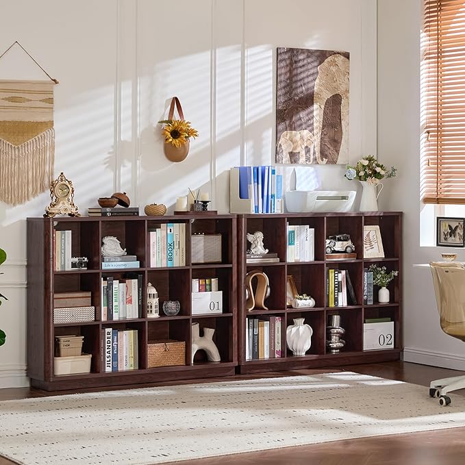 Joaxswe 12 Cube Storage Organizer, 41" Large Bookshelf with Curved Edge, Wood Floor Standing 3-Tier Cubby Bookcase w/Base, Vi