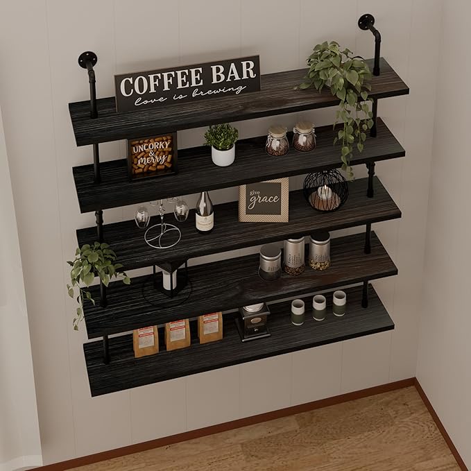 Floating Shelves for Wall Bookshelf Industrial Pipe Shelving Shelves 48 Inch 5 Tier Natural Wood Planks Rustic Wall Shelves H