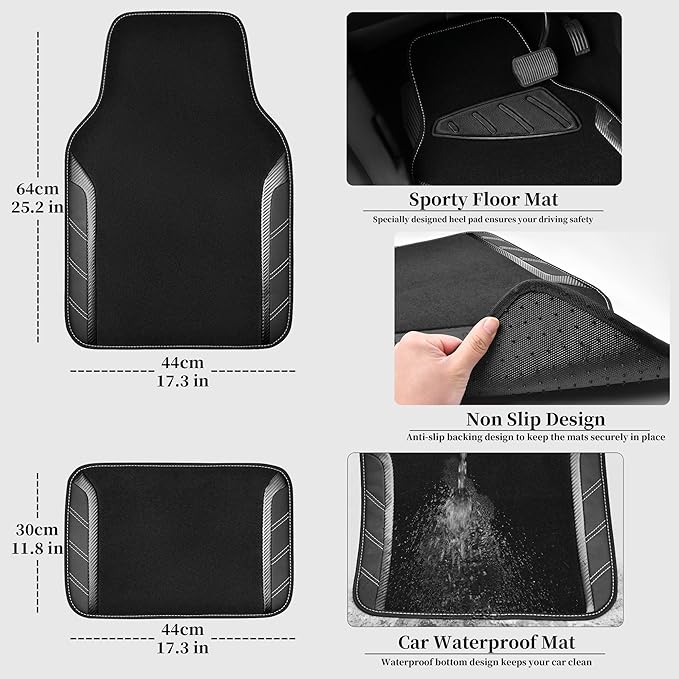 CAR PASS Leather Steering Wheel Cover and Waterproof Car Floor Mats,Microfiber Universal Car Combo Fit for 95% Sedan,SUV,Cars