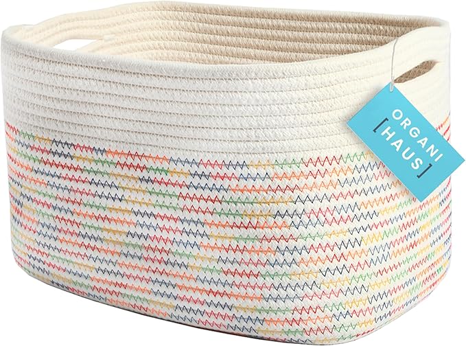 OrganiHaus Rainbow Basket - Colorful Woven Storage Basket for Playroom, Nursery & Classroom Decor & Toy Storage, Rainbow Stit