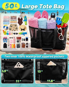 Large Mesh Beach Tote Bag - 50L Pool Bags with 2 Inner Zipper Waterproof Pockets for Swim Toys Towels Travel