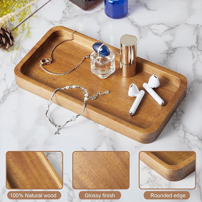 ALELION 8" Acacia Wood Bathroom Vanity Tray for Counter - Dresser Top Tray for Perfume Jewelry Candle Key Catchall - Small Ki