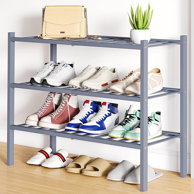 Smiry Shoe Rack, 3 Tier Bamboo Shoe Organizer, Stackable Free Standing Wooden Shoe Storage Shelf for Closet, Entryway, Front 