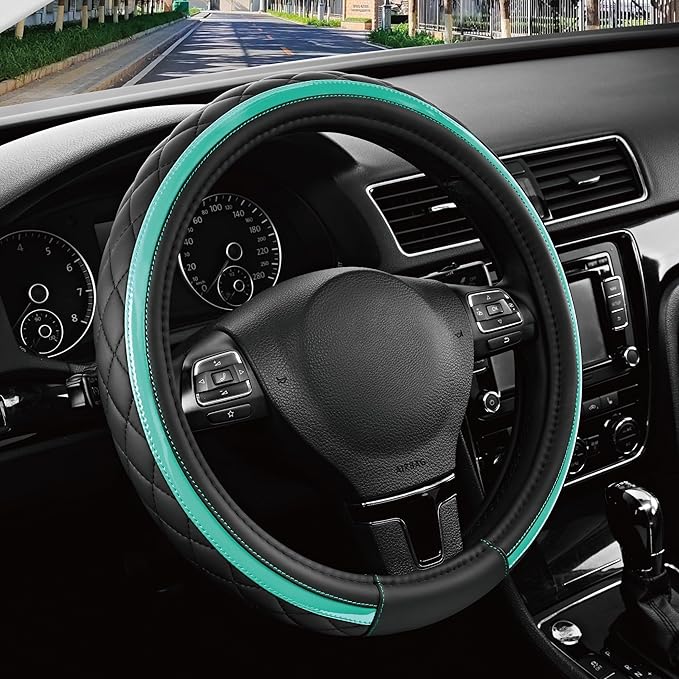 Road Comforts Leather Steering Wheel Cover – Black & Green Universal Fit 14.5-15 Inch, Microfiber Leather, Anti-Slip & Breath